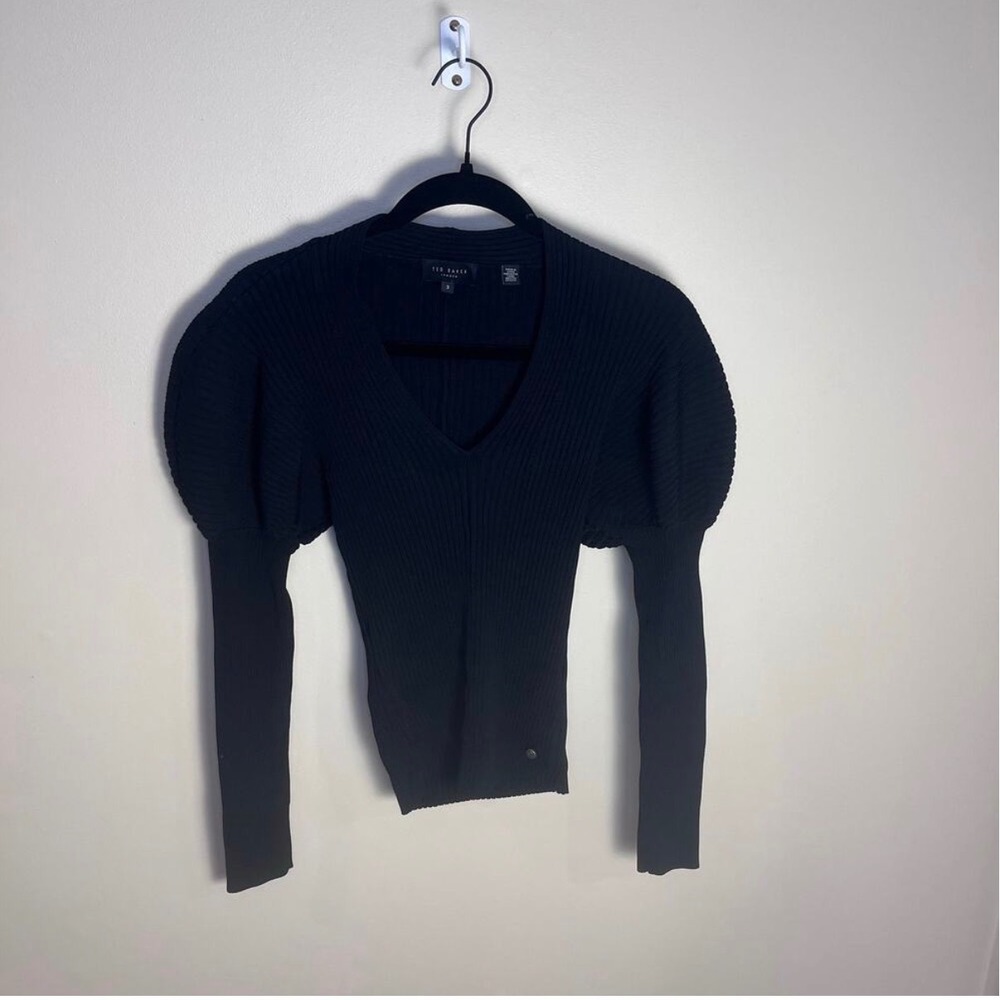 Ted Baker Sweater Women 3 Black Ivery Puff Shoulder V-Neck Ribbed Knit Top - Picture 2 of 9